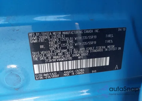2019 Toyota Rav4 Xle Premium from USA, damaged, VIN 2T3A1RFV4KW050195